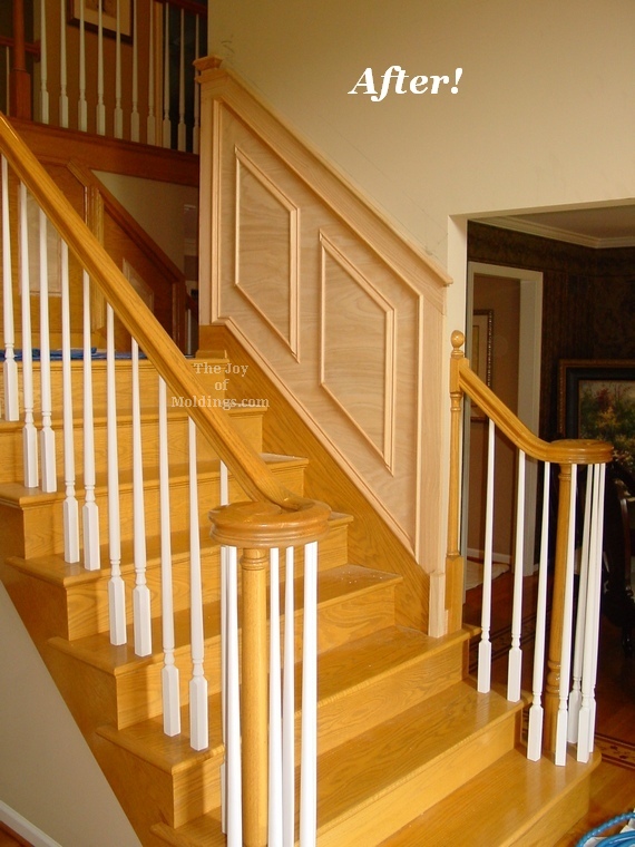 After Installing Oak Wainscoting on Stairs wainscoting molding trim panels on stairs oak